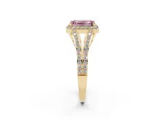 Fancy Pink Emerald Cut Diamond Halo Split Shank Pavé Ring Set in Yellow gold with Prong Setting