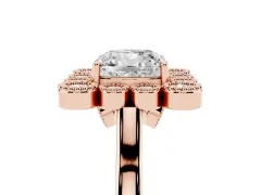 Cushion Cut Diamond Cluster Halo Ring Set in Rose gold with Milgrain Bezel Accents and Plain Band