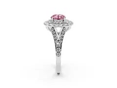 Fancy Pink Round Cut Diamond Double Halo Ring Set in Platinum with Pavé Split Shank and Prong Setting