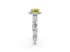 Fancy Yellow Cushion Cut Diamond Halo Ring Set in Silver with Filigree Leaf Band and Prong Setting