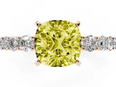 Fancy Yellow Cushion Cut Diamond Solitaire Ring Set in Rose gold with Shared Prong Pavé Band