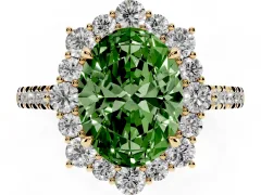 Fancy Green Oval Cut Diamond Halo Ring Set in Yellow gold with Pavé Band and Prong Setting