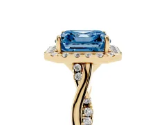 Fancy Blue Asscher Cut Diamond Halo Twist Band Solitaire Ring Set in Yellow gold with Prong Setting