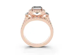 Fancy Black Asscher Cut Diamond Halo Split Shank Ring Set in Rose gold with Round Accent Stones and Prong Setting