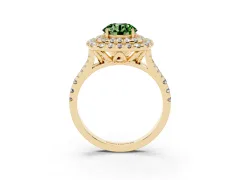Fancy Green Round Cut Diamond Double Halo Ring Set in Yellow gold with Pavé Split Shank and Prong Setting
