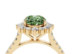 Fancy Green Oval Cut Diamond Halo Ring Set in Yellow gold with Pavé Band and Prong Setting