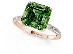 Fancy Green Asscher Cut Diamond Solitaire Engagement Ring Set in Rose gold with Round Pavé Band and Prong Setting