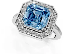 Fancy Blue Asscher Cut Diamond Halo Ring Set in White gold with Accent-Lined Split Shank and Prong Setting