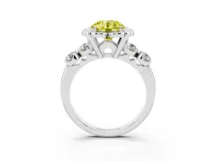 Fancy Yellow Round Cut Diamond Floral Halo Ring Set in White gold with Shared Prong Band