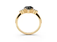 Fancy Black Round Cut Diamond Cluster Ring Set in Yellow gold with Beaded Band