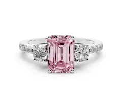 Fancy Pink Emerald Cut Diamond Three-Stone Ring Set in Silver with Pavé Band and Graduated Sides