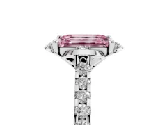 Fancy Pink Emerald Cut Diamond Solitaire Ring Set in Silver with Pavé Band and Floral Prong Setting