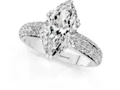 Marquise Cut Diamond Solitaire Ring Set in Silver with Multi-Row Round Pavé Band and Prong Setting