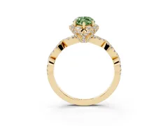 Fancy Green Marquise Cut Diamond Halo Twist Band Solitaire Ring Set in Yellow gold with Prong-Set Center Stone