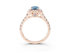 Fancy Blue Emerald Cut Diamond Halo Engagement Ring Set in Rose gold with Pavé Band and Prong-Set Center