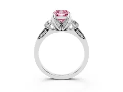 Fancy Pink Cushion Cut Diamond Three-Stone Ring Set in Silver with Pavé Band and Smaller Side Stones