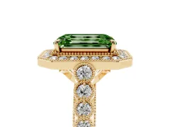 Fancy Green Emerald Cut Diamond Milgrain Halo Solitaire Ring Set in Yellow gold with Bezel Set Side Stones and Pavé Band