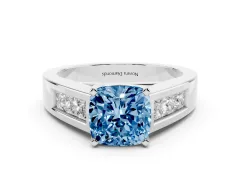 Fancy Blue Cushion Cut Diamond Solitaire Ring Set in Silver with Channel-Set Accent Stones and Prong Setting