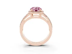 Fancy Pink Round Cut Diamond Halo Ring Set in Rose gold with Double Pavé Split Shank
