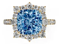 Fancy Blue Cushion Cut Diamond Halo Ring Set in Yellow gold with Pavé Band and Prong Setting