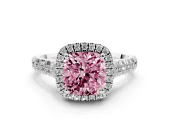 Fancy Pink Cushion Cut Diamond Halo Engagement Ring Set in Platinum with Pavé Band and Prong-Set Center
