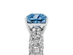 Fancy Blue Cushion Cut Diamond Pavé Band Solitaire Ring Set in White gold with Close-Set Accent Stones and Prong Setting