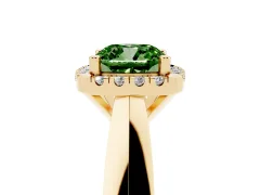 Fancy Green Cushion Cut Diamond Halo Solitaire Engagement Ring Set in Yellow gold with Square Band and Prong Setting