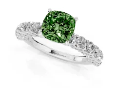 Fancy Green Cushion Cut Diamond Solitaire Ring Set in Platinum with Shared Prong Pavé Band