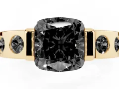 Fancy Black Cushion Cut Diamond Channel-Set Band Ring Set in Yellow gold with Bezel Prong Setting