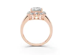 Princess Cut Diamond Milgrain Halo Solitaire Ring Set in Rose gold with Bezel Set Side Stones and Pavé Band