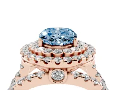 Fancy Blue Oval Cut Diamond Double Halo Ring Set in Rose gold with Round Pavé Split Shank