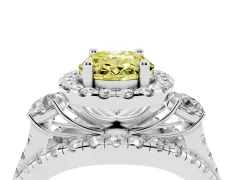 Fancy Yellow Oval Cut Diamond Halo Split Shank Ring Set in Silver with Round Accent Stones and Prong Setting