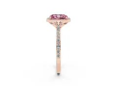 Fancy Pink Radiant Cut Diamond Halo Engagement Ring Set in Rose gold with Round Pavé Shoulders and Heart Gallery