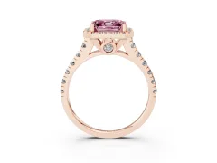 Fancy Pink Asscher Cut Diamond Halo Engagement Ring Set in Rose gold with Pavé Band and Prong-Set Center