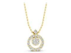 Round Halo Pavé Diamond Pendant Set in Yellow gold with Four-Prong Center