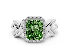 Fancy Green Radiant Cut Diamond Halo Floral Band Ring Set in White gold with Prong Setting