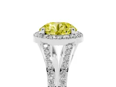 Fancy Yellow Round Cut Diamond Halo Split Shank Ring Set in Platinum with Accent Stones and Prong Setting