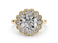 Round Cut Diamond Halo Cluster Engagement Ring Set in Yellow gold with Solitaire Band and Prong Setting