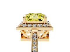 Fancy Yellow Princess Cut Diamond Halo Ring Set in Yellow gold with Accent-Lined Split Shank and Prong Setting