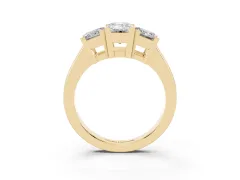Emerald Cut Diamond Three-Stone Ring Set in Yellow gold with Channel-Set Band and Prong Settings