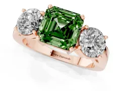 Fancy Green Asscher Cut Diamond Three-Stone Ring Set in Rose gold with Round Side Stones and Classic Band