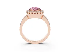 Fancy Pink Round Cut Diamond Halo Ring Set in Rose gold with Pavé Shank and Prong Setting