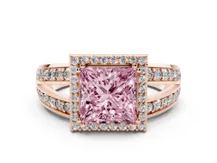 Fancy Pink Princess Cut Diamond Halo Ring Set in Rose gold with Double Pavé Split Shank