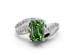 Fancy Green Emerald Cut Diamond Solitaire Ring Set in Silver with Layered Twist Pavé Band
