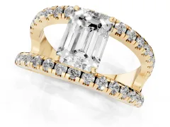 Emerald Cut Diamond Split Shank Pavé Solitaire Ring Set in Yellow gold with Open Shank Design