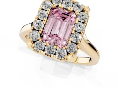 Fancy Pink Emerald Cut Diamond Cluster Halo Solitaire Ring Set in Yellow gold with Prong Setting