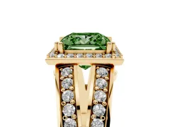 Fancy Green Princess Cut Diamond Halo Ring Set in Yellow gold with Double Pavé Split Shank