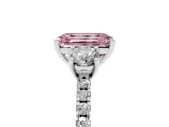 Fancy Pink Emerald Cut Diamond Three-Stone Ring Set in Platinum with Pavé Band and Graduated Sides