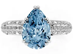 Fancy Blue Pear Cut Diamond Solitaire Ring Set in Platinum with Multi-Row Round Pavé Band and Prong Setting