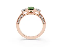 Fancy Green Pear Cut Diamond Three-Stone Ring Set in Rose gold with Round Side Stones and Pavé Band